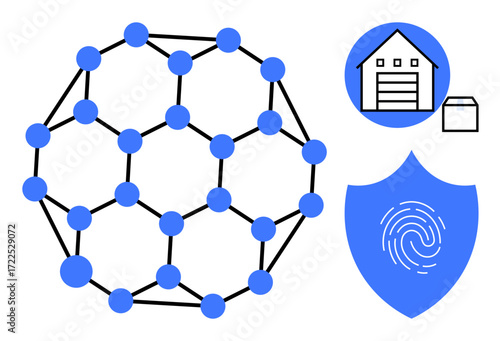 Sphere-shaped blockchain network with interconnected nodes, shield with fingerprint, and storage depot icon. Ideal for technology, data security, innovation, logistics, digital identity, networking