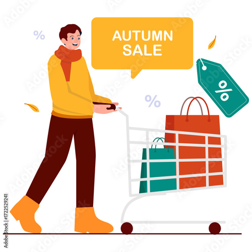 Person pushing shopping cart with autumn sale bags