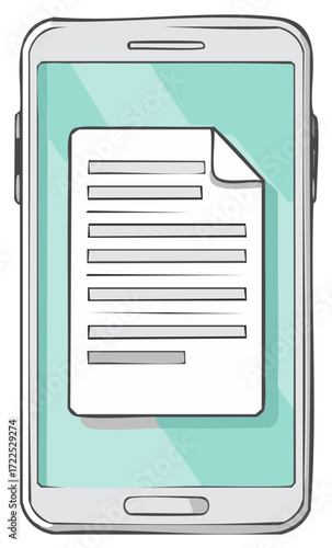 Hand drawn illustration of a smartphone displaying a document with text lines