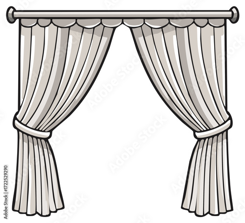 Elegant open window curtains with tiebacks on a rod cartoon vector illustration