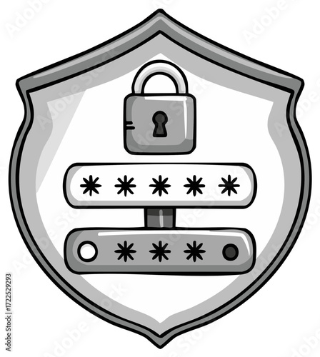 Cybersecurity protection symbol featuring a shield, locked padlock, and hidden password inputs for digital security