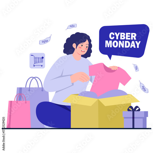 Person unpacking a box with clothes shopping bags and money
