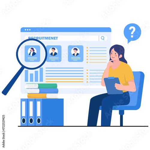 Person reviewing profiles on a recruitment website with magnifying glass and files