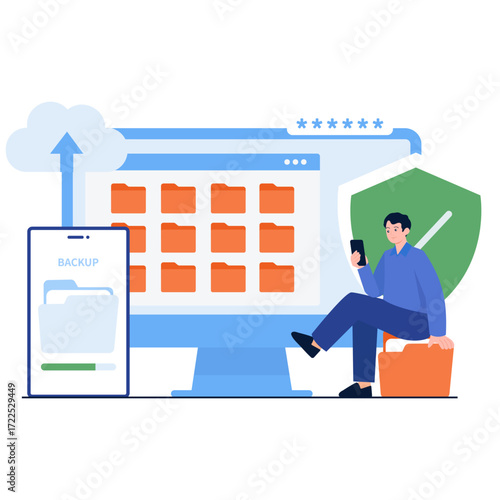 Person using phone near computer with backup and security icons