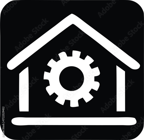 Abstract icon representing smart home automation technology with a gear inside a house silhouette for digital applications and web services