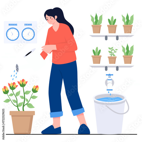 Person watering a potted plant from a bucket filled by a faucet