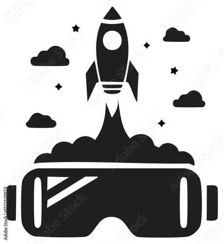 Rocket launching from virtual reality goggles a metaphor for startup innovation and exploration