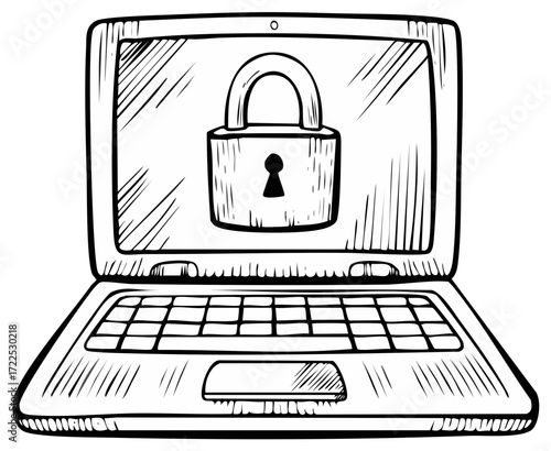 Laptop with padlock on screen. Hand drawn computer security concept in black and white.