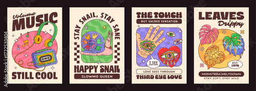 Hippie groovy characters posters with playful retro quirky slogans, featuring music cassette, psychedelic snail, mystical third eye hand, and colorful monstera leaves. Pop culture, indie, vintage art