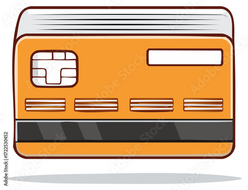 Cartoon orange credit card with chip and magnetic stripe for secure online and offline payments