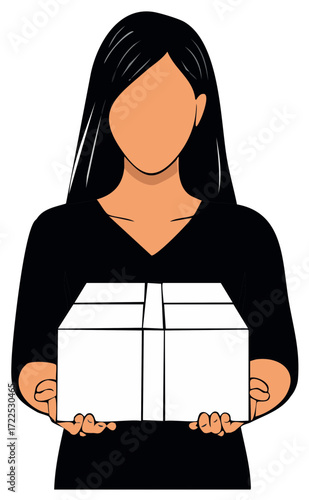 Faceless woman with black hair holding a white package vector illustration for delivery service concept