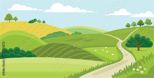 A vector image depicting a tranquil country scene with a road meandering through a grove of trees.