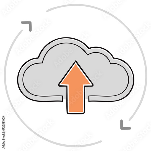 Digital cloud storage icon with upward arrow representing data upload and synchronization