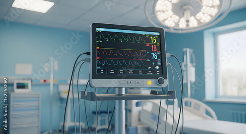 Modern hospital monitor displays vital signs in sterile operating room