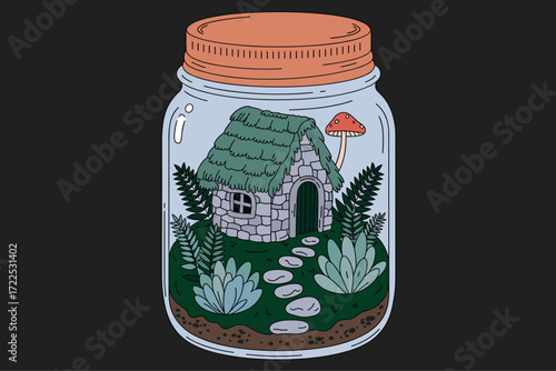 Tiny Forest Cottage Inside Glass Jar Illustration with Stone Path and Succulents