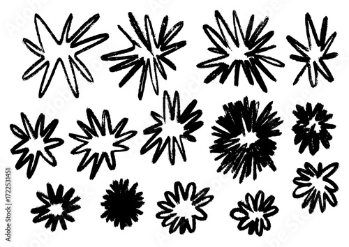 Hand-drawn starburst elements and abstract explosion doodles, graphic design assets