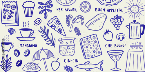 Whimsical italian food and drink doodle pattern with phrases per favore mangiamo buon appetito cin cin che buono
