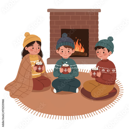Children in cozy winter sweaters enjoy hot chocolate and marshmallows by a crackling fireplace on a rug, a blanket draped, vibrant 2D flat vector illustration.