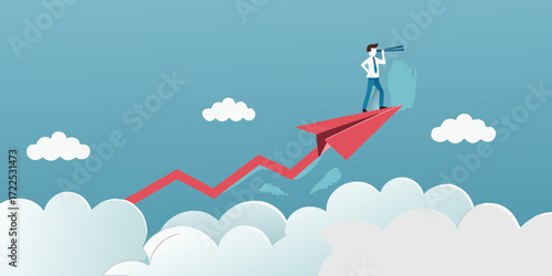 Businessman on a red paper airplane soars through clouds looking through binoculars towards the future