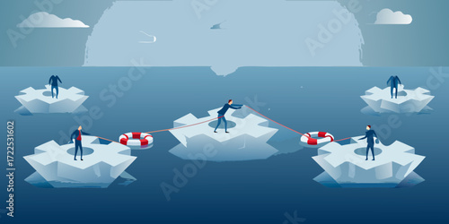 Businessmen on ice floes connected by ropes and life preservers symbolizing teamwork and collaboration