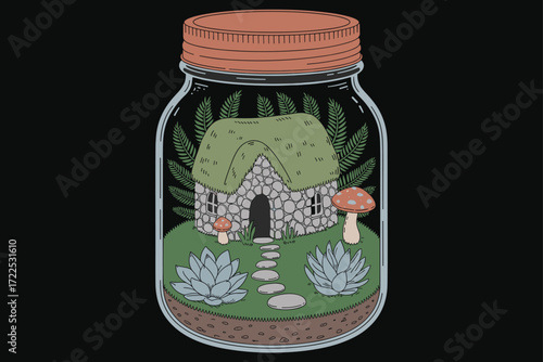 Tiny Forest Cottage Inside Glass Jar Illustration with Stone Path and Succulents