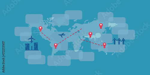 Global travel routes connecting cities and people across the world map