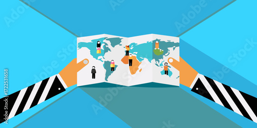 Hands holding a world map with diverse people figures placed on different continents representing global connection