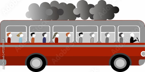 Stylized illustration of a red bus with passengers and dark smoke billowing from the top
