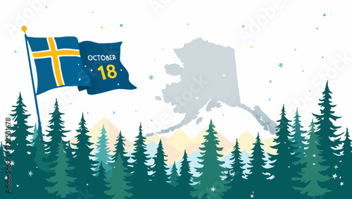 Minimal flat vector design for Alaska Day on October 18, featuring Alaska state flag, pine trees silhouette, and snowflakes on a white background