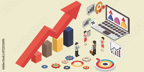 Business team analyzing financial growth charts and data on laptop and tablet with upward trend arrow