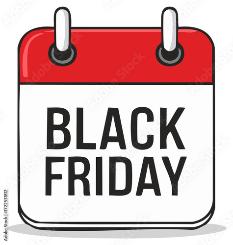 Black Friday calendar illustration. Red and white cartoon design for sales and events.