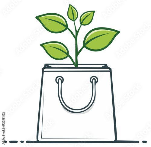Green sprout growing from a shopping bag symbol representing eco friendly shopping and sustainability