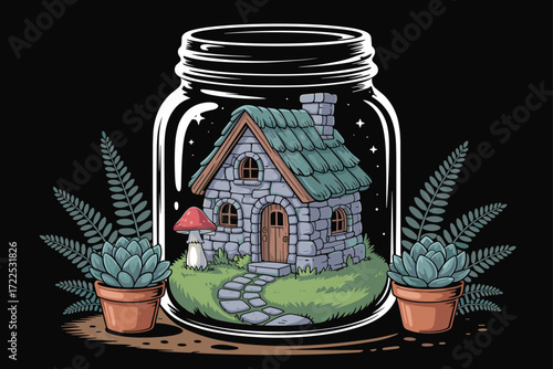 Tiny Forest Cottage Inside Glass Jar Illustration with Stone Path and Succulents