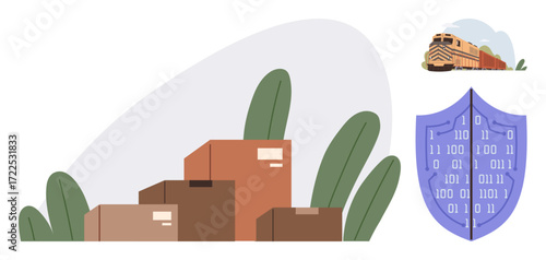 Shipping boxes with a train in transit and a shield with binary codes. Ideal for logistics, supply chain, transportation safety, digital security, warehouse management, cargo tracking, simple flat