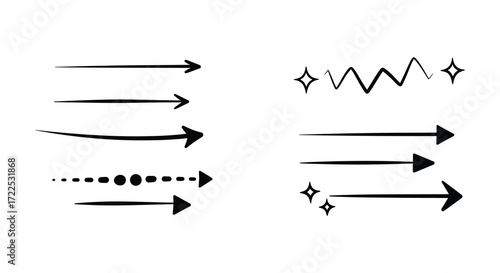 Collection of simple black arrow and sparkle design elements on white