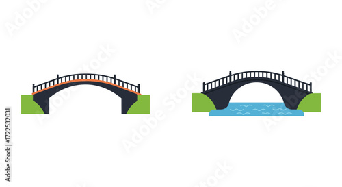 Colorful illustration depicting two arched bridges over water and land