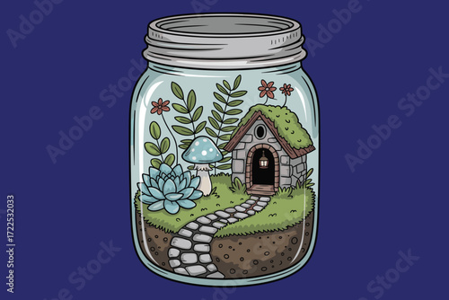 Tiny Forest Cottage Inside Glass Jar Illustration with Stone Path and Succulents