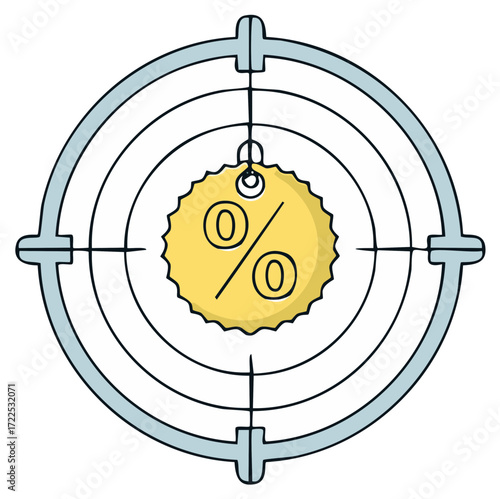 A stylized target with a yellow price tag featuring a percentage symbol centered in the crosshairs