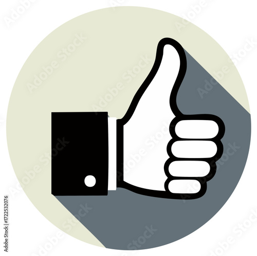 Thumbs up symbol with a long shadow inside a circle graphic design