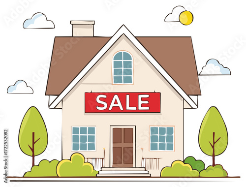 Cartoon home for sale with trees, bushes, blue sky with clouds and sun, bright design, architecture on sale in house.