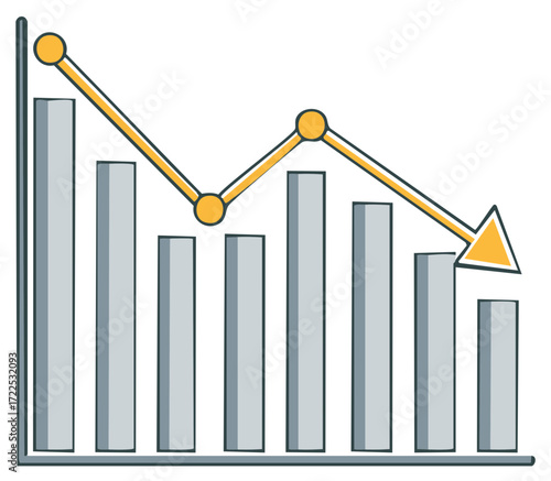 Falling bar chart with a downward trending line and arrow indicating decrease