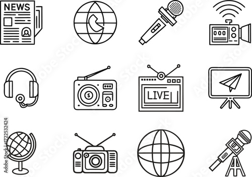 Mass media and journalism line icon set