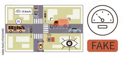 AI analyzing traffic with sensors, speed limits, and surveillance at crossroads. Ideal for smart city planning, automation, transportation, urban safety, AI ethics technology and innovation. A