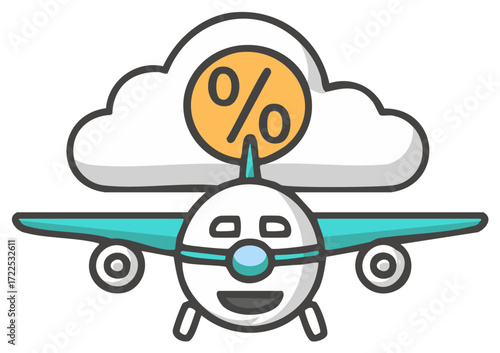 Airplane icon with cloud and percentage symbol representing flight discounts travel sales and airfare promotions
