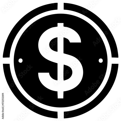Dollar Symbol within a Coin Shape with Broken Outline in Simple Black and White Icon