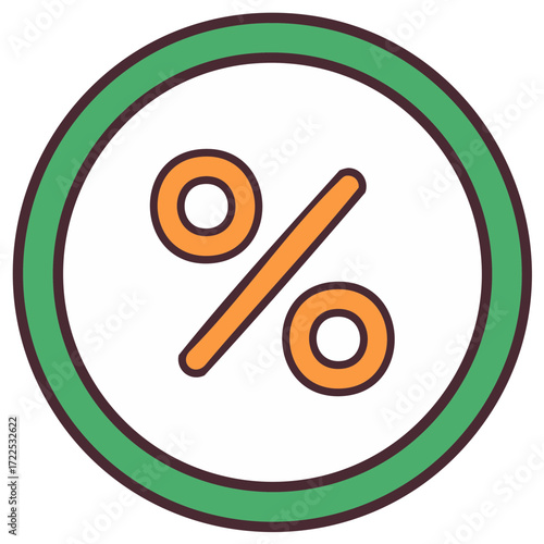 Simple flat icon symbol of a percentage sign inside a green circle with a dark outline