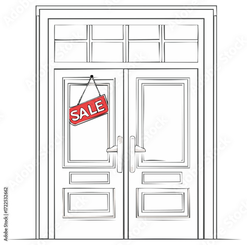 Elegant Double Doors Display Sale Sign Encouraging Shopping and Great Deals for Home Improvement