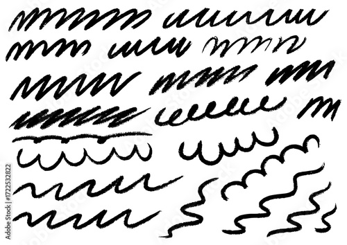 Hand-drawn squiggle lines and artistic brush strokes, representing abstract doodles and creative scribbles for graphic design