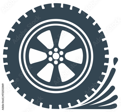 Car wheel rolling over water, vehicle tire splashing, vector icon, monochrome automotive symbol