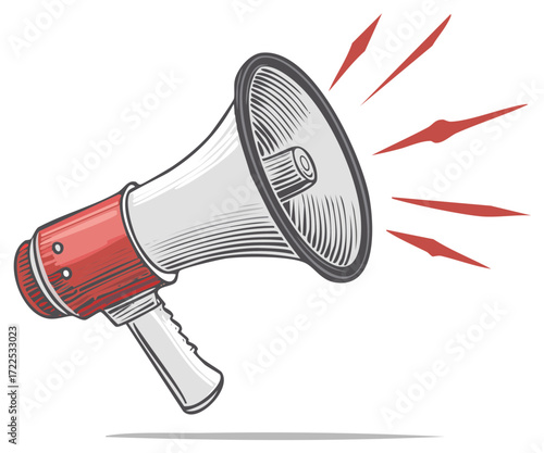 Classic Red Megaphone Graphic with Blaring Sound Waves for Public Announcement and Communication